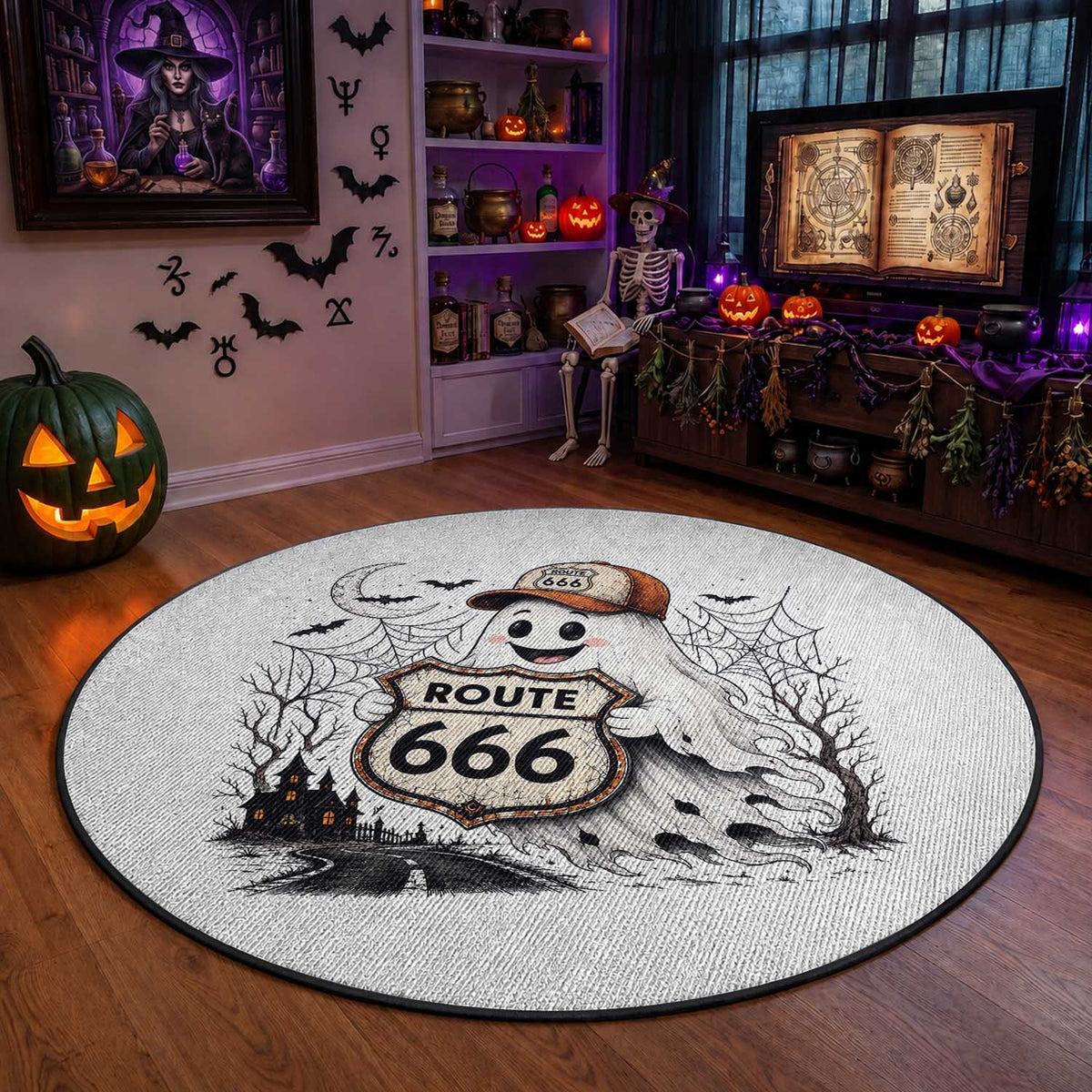 Haunted Route Highway 666 Halloween Road Trip Round Rug Spooky Travel Gift