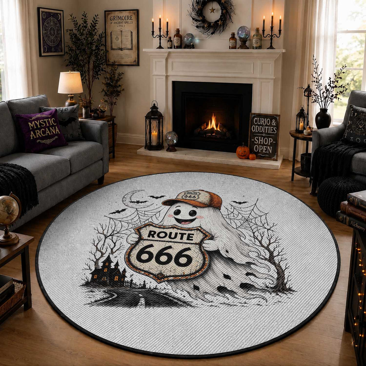 Haunted Route Highway 666 Halloween Road Trip Round Rug Spooky Travel Gift