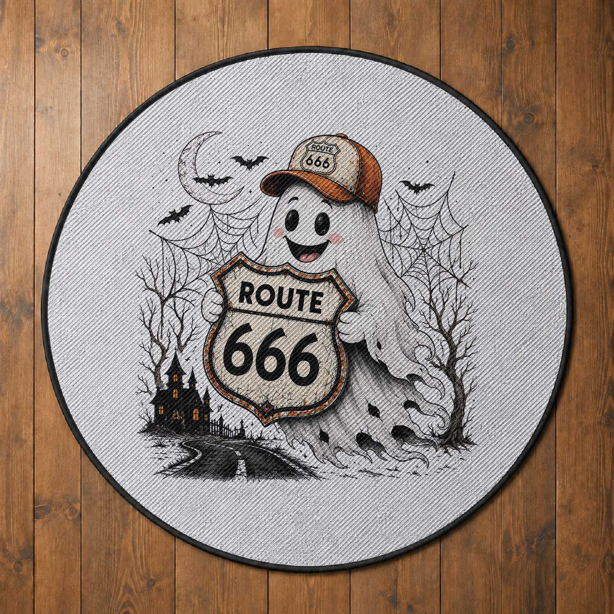 Haunted Route Highway 666 Halloween Road Trip Round Rug Spooky Travel Gift