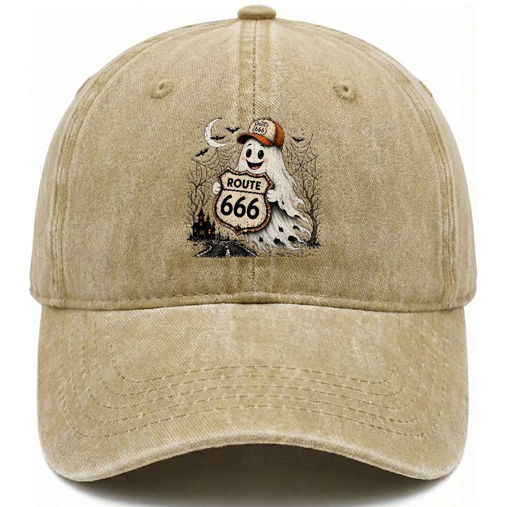 Haunted Route Highway 666 Halloween Road Trip Washed Cotton Baseball Cap Spooky Travel Gift