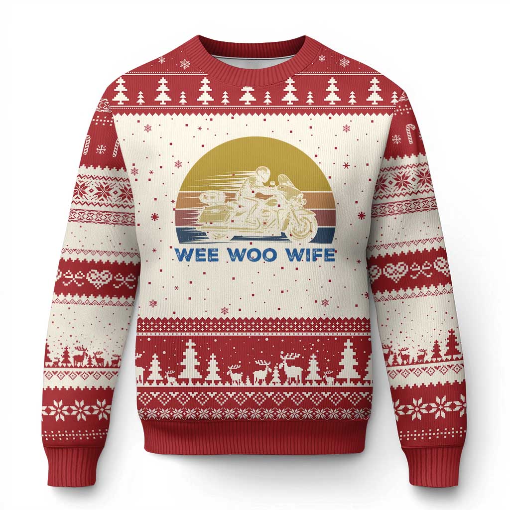 Police Wife Motorcycle Patrol Retro Sunset Ugly Christmas Sweater Wee Woo Wife Proud Law Enforcement Partner