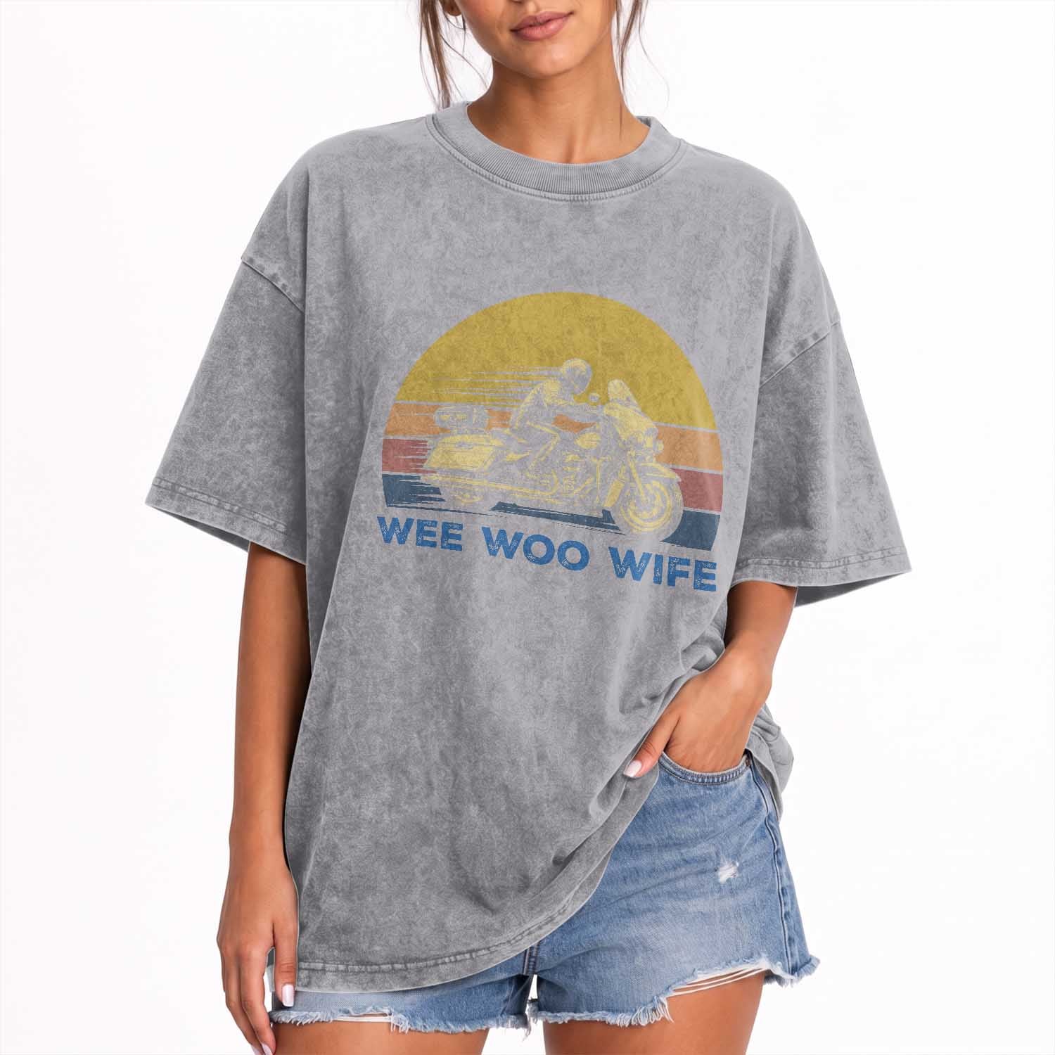 Police Wife Motorcycle Patrol Retro Sunset Washed Cotton T-Shirt Wee Woo Wife Proud Law Enforcement Partner