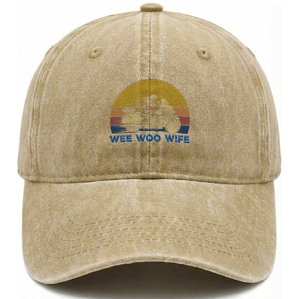 Police Wife Motorcycle Patrol Retro Sunset Washed Cotton Baseball Cap Wee Woo Wife Proud Law Enforcement Partner