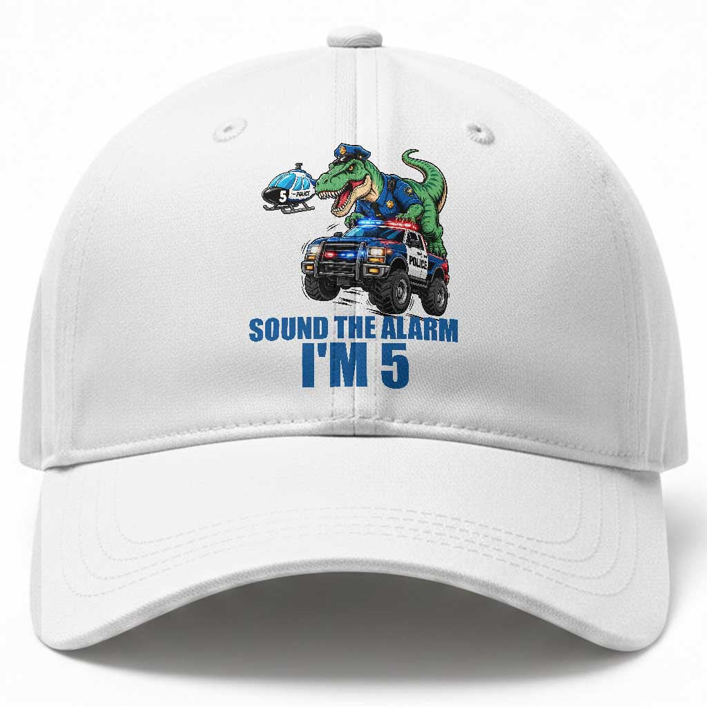 Funny Police Car Dinosaur 5th Birthday Baseball Cap Sound The Alarm I Am 5