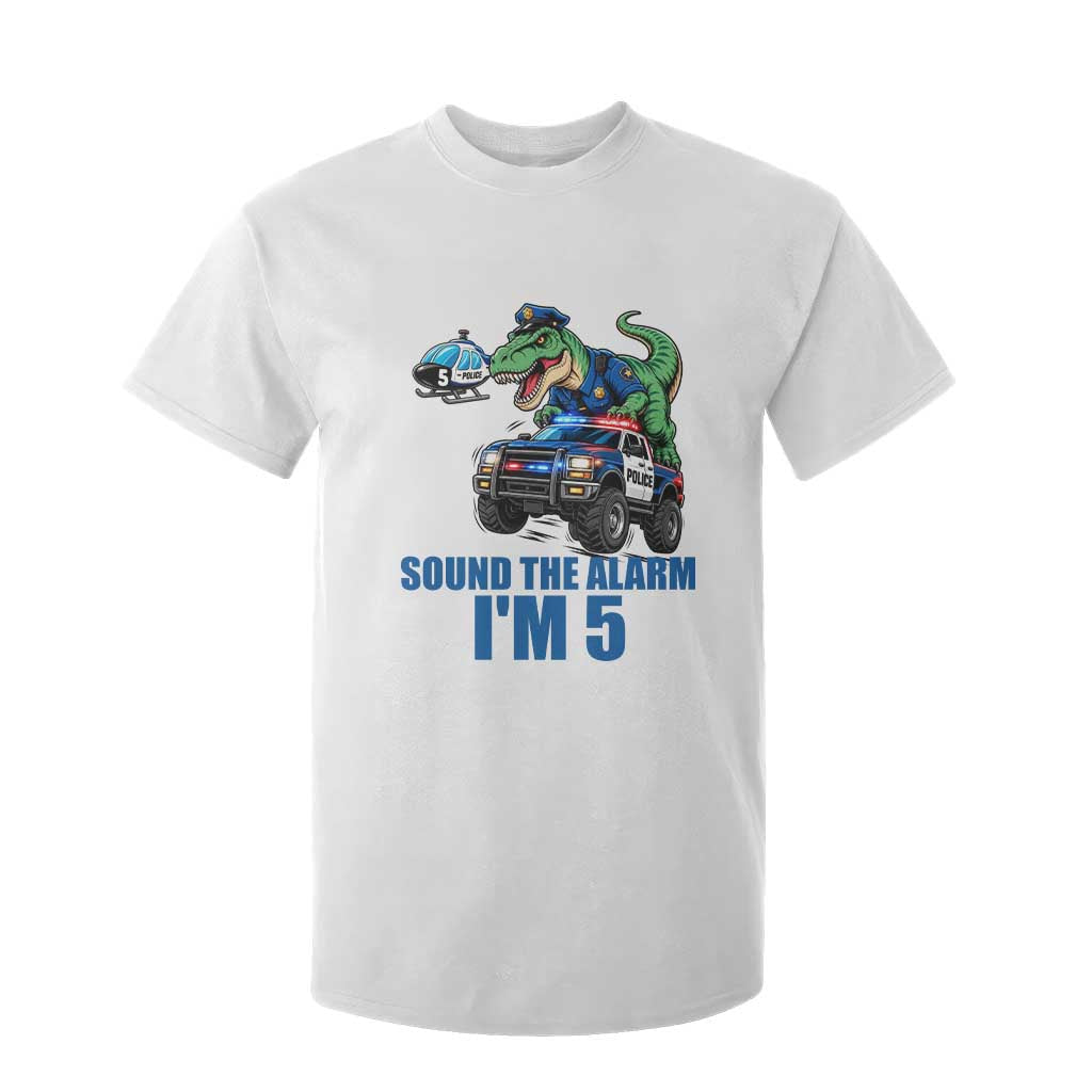 Funny Police Car Dinosaur 5th Birthday T Shirt For Kid Sound The Alarm I Am 5