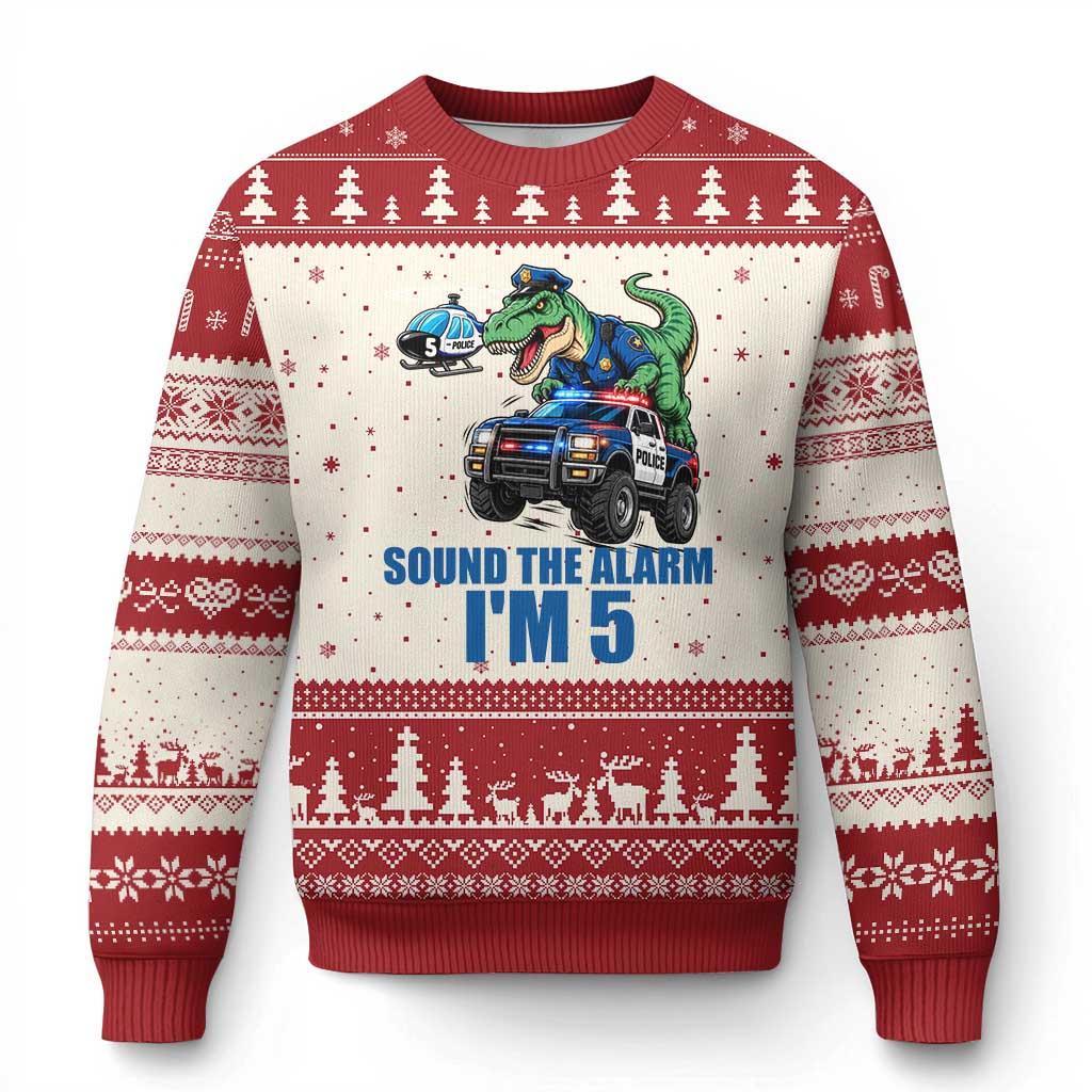 Funny Police Car Dinosaur 5th Birthday Ugly Christmas Sweater Sound The Alarm I Am 5