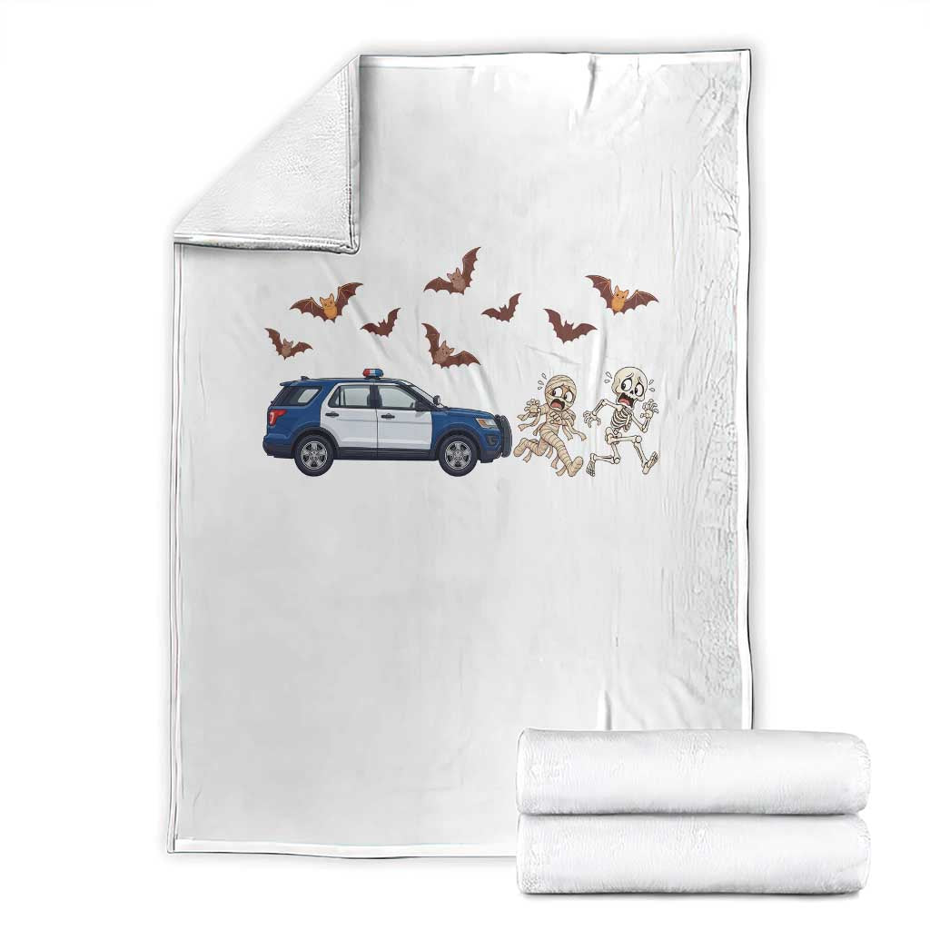 Funny Police Car Chasing Skeleton Mummy Throw Blanket Halloween Law Enforcement Gift