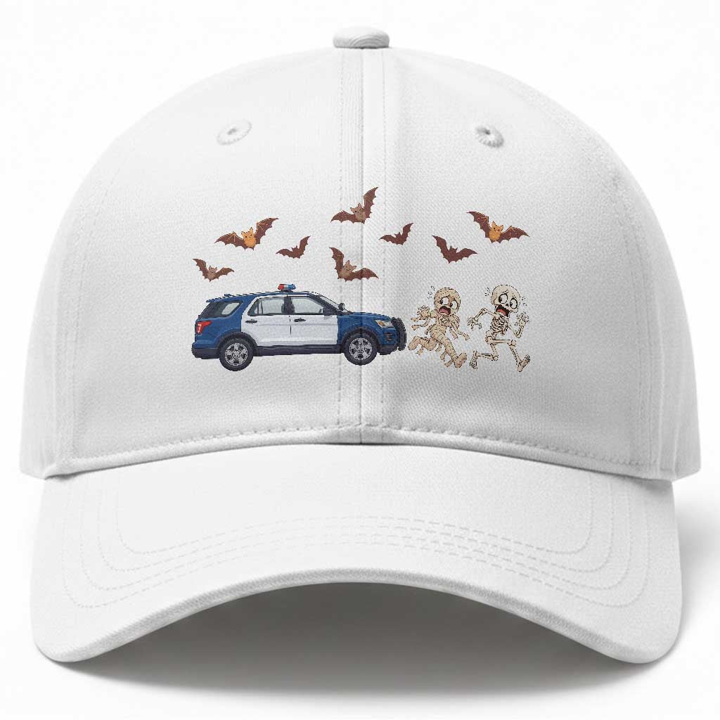 Funny Police Car Chasing Skeleton Mummy Baseball Cap Halloween Law Enforcement Gift