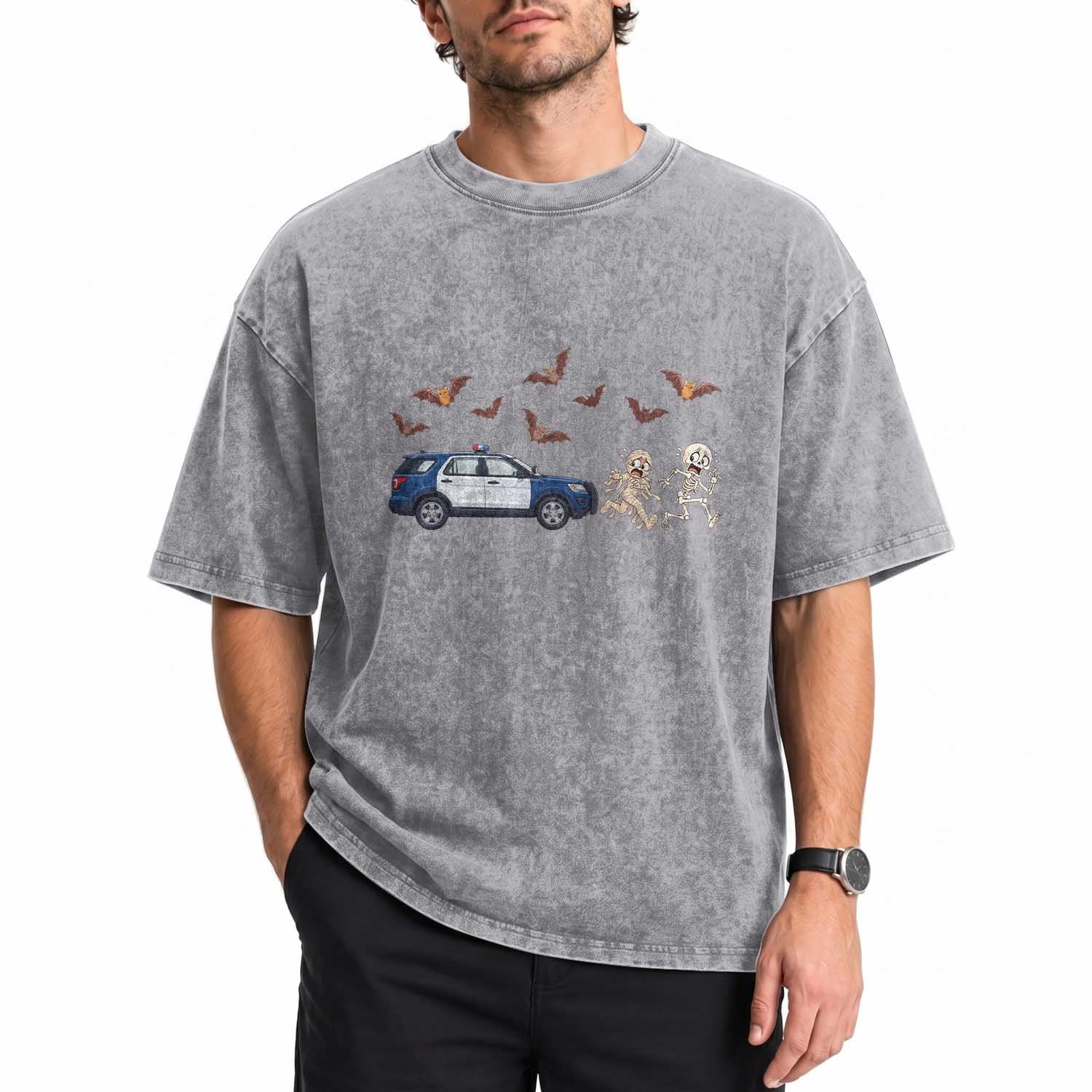 Funny Police Car Chasing Skeleton Mummy Washed Cotton T-Shirt Halloween Law Enforcement Gift