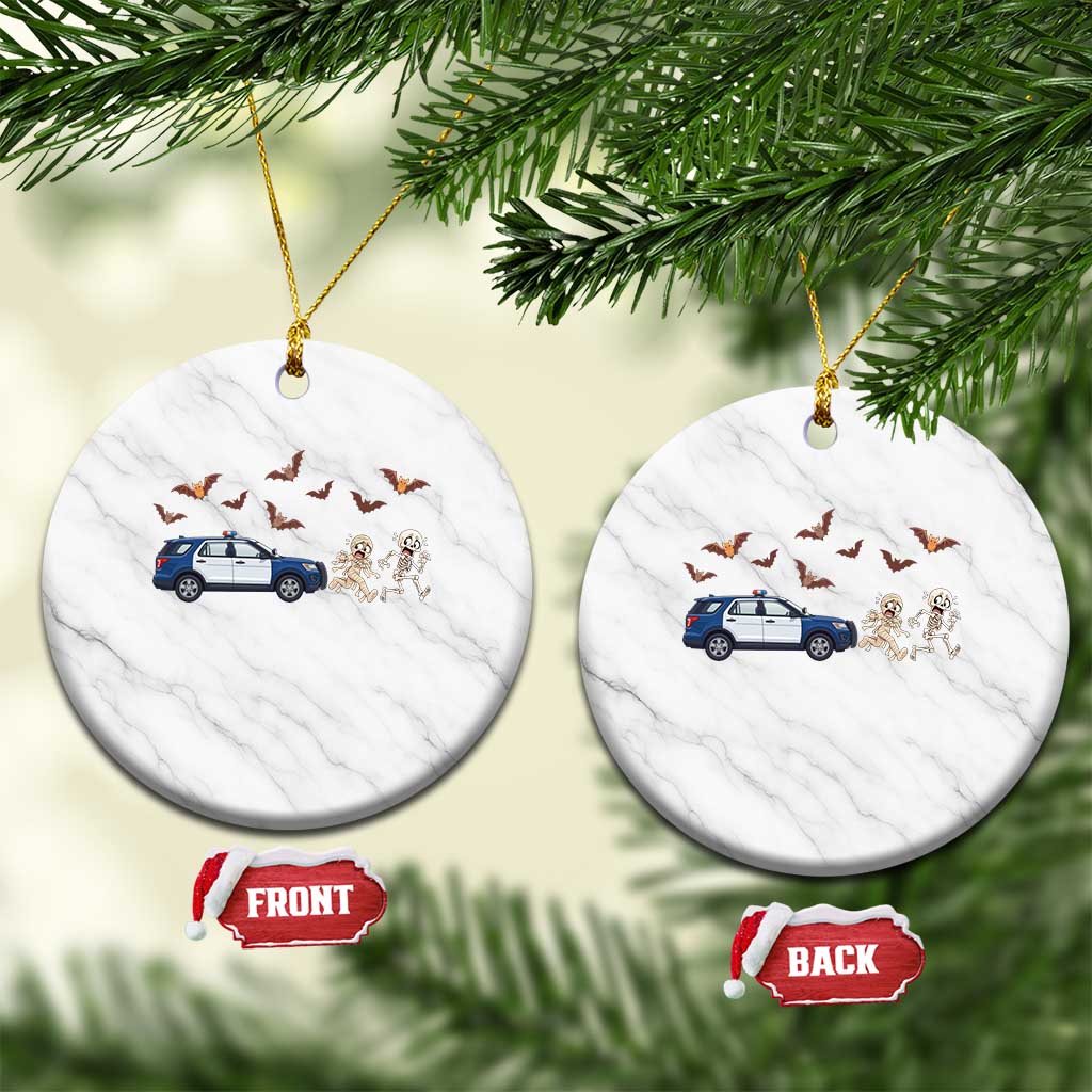 Funny Police Car Chasing Skeleton Mummy Ceramic Ornament Halloween Law Enforcement Gift