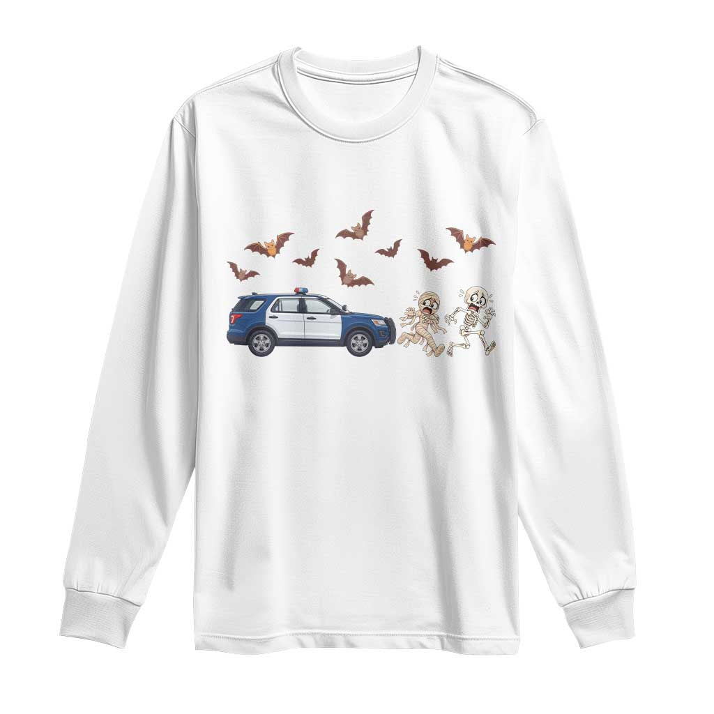 Funny Police Car Chasing Skeleton Mummy Long Sleeve Shirt Halloween Law Enforcement Gift