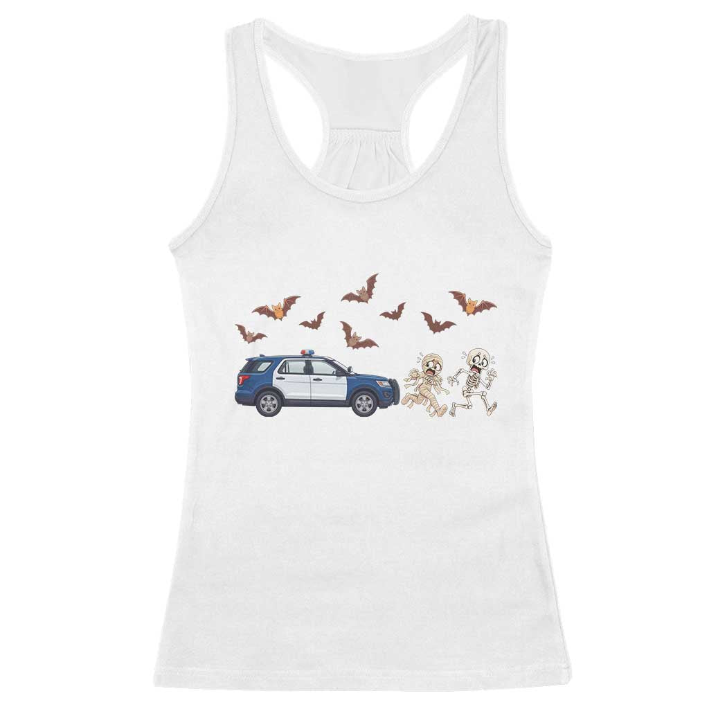 Funny Police Car Chasing Skeleton Mummy Racerback Tank Top Halloween Law Enforcement Gift
