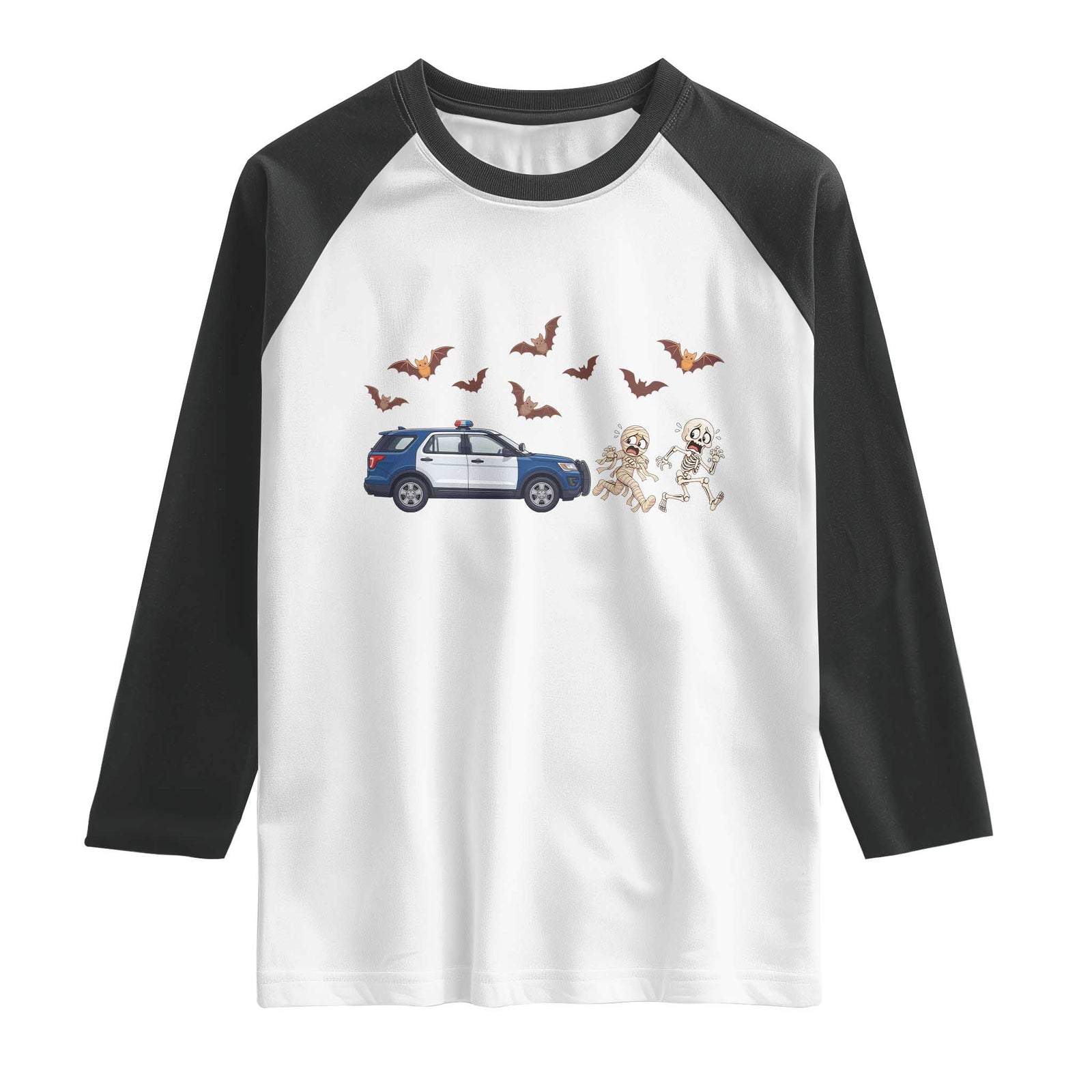 Funny Police Car Chasing Skeleton Mummy Raglan Shirt Halloween Law Enforcement Gift