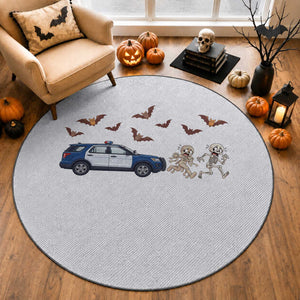 Funny Police Car Chasing Skeleton Mummy Round Rug Halloween Law Enforcement Gift