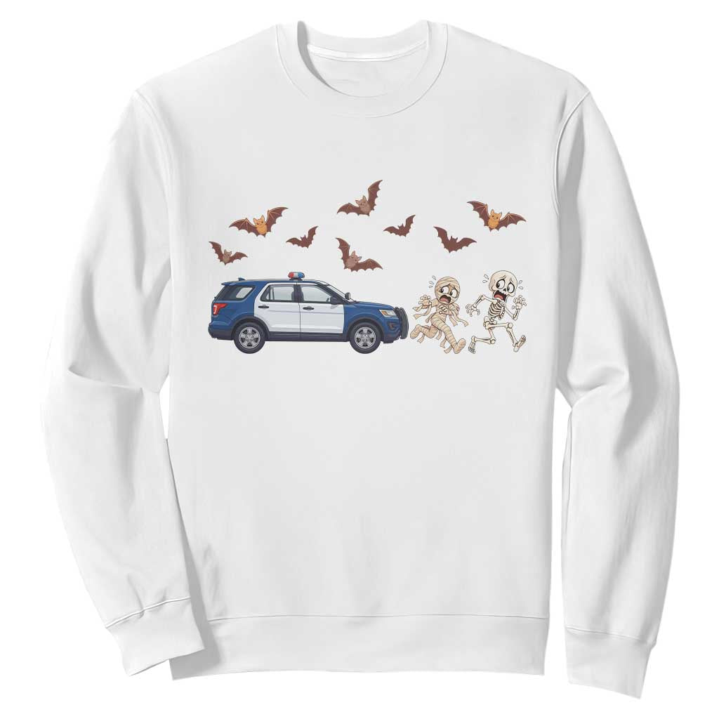 Funny Police Car Chasing Skeleton Mummy Sweatshirt Halloween Law Enforcement Gift