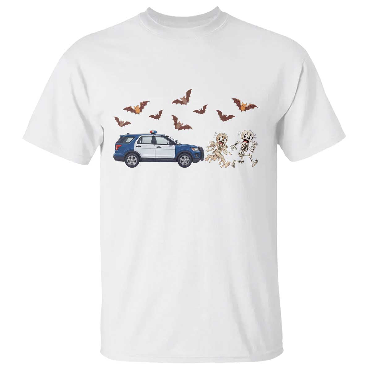 Funny Police Car Chasing Skeleton Mummy T Shirt Halloween Law Enforcement Gift