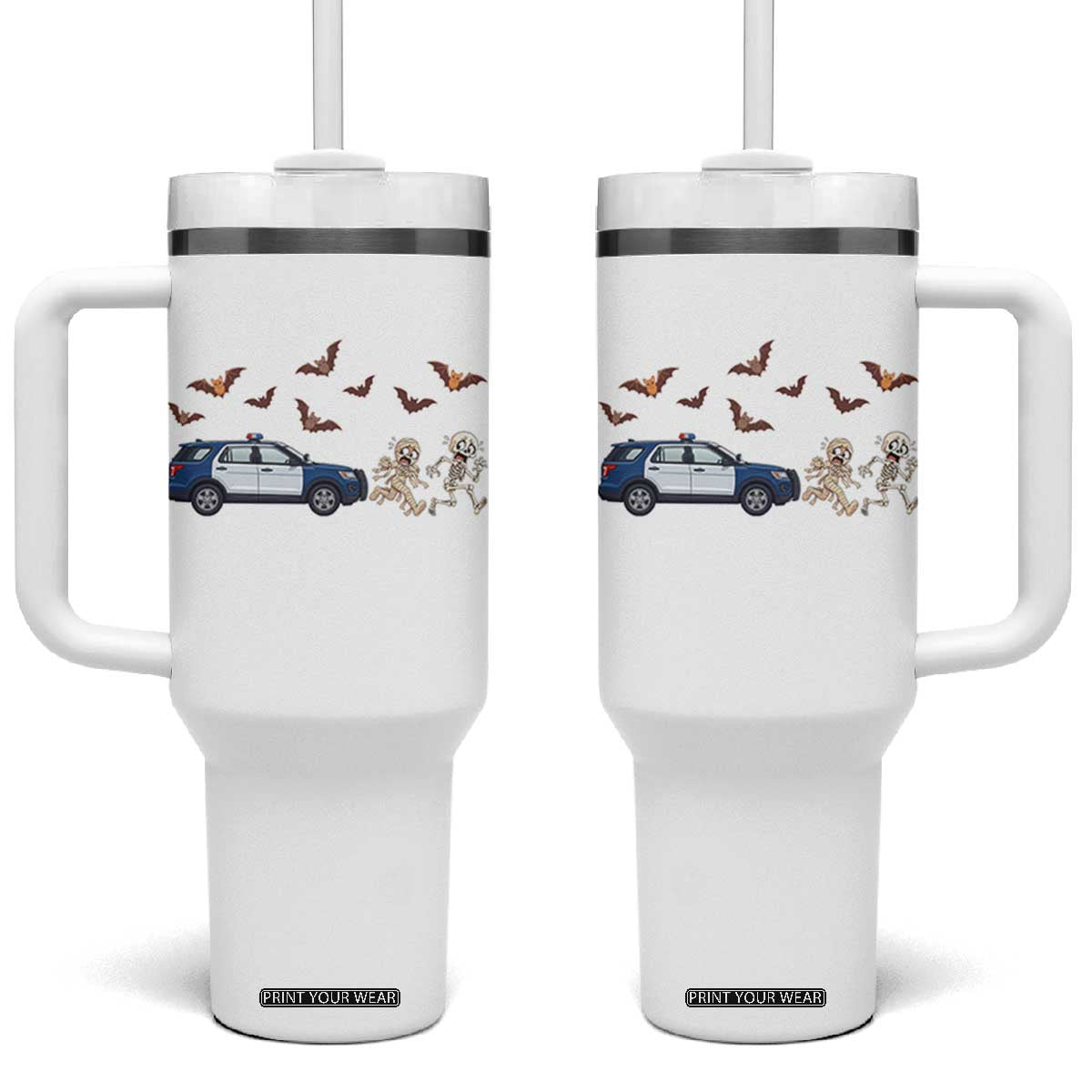 Funny Police Car Chasing Skeleton Mummy Tumbler With Handle Halloween Law Enforcement Gift