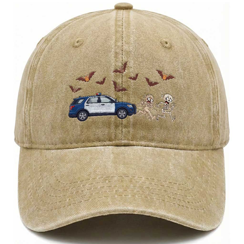 Funny Police Car Chasing Skeleton Mummy Washed Cotton Baseball Cap Halloween Law Enforcement Gift