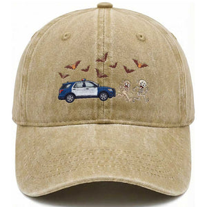 Funny Police Car Chasing Skeleton Mummy Washed Cotton Baseball Cap Halloween Law Enforcement Gift