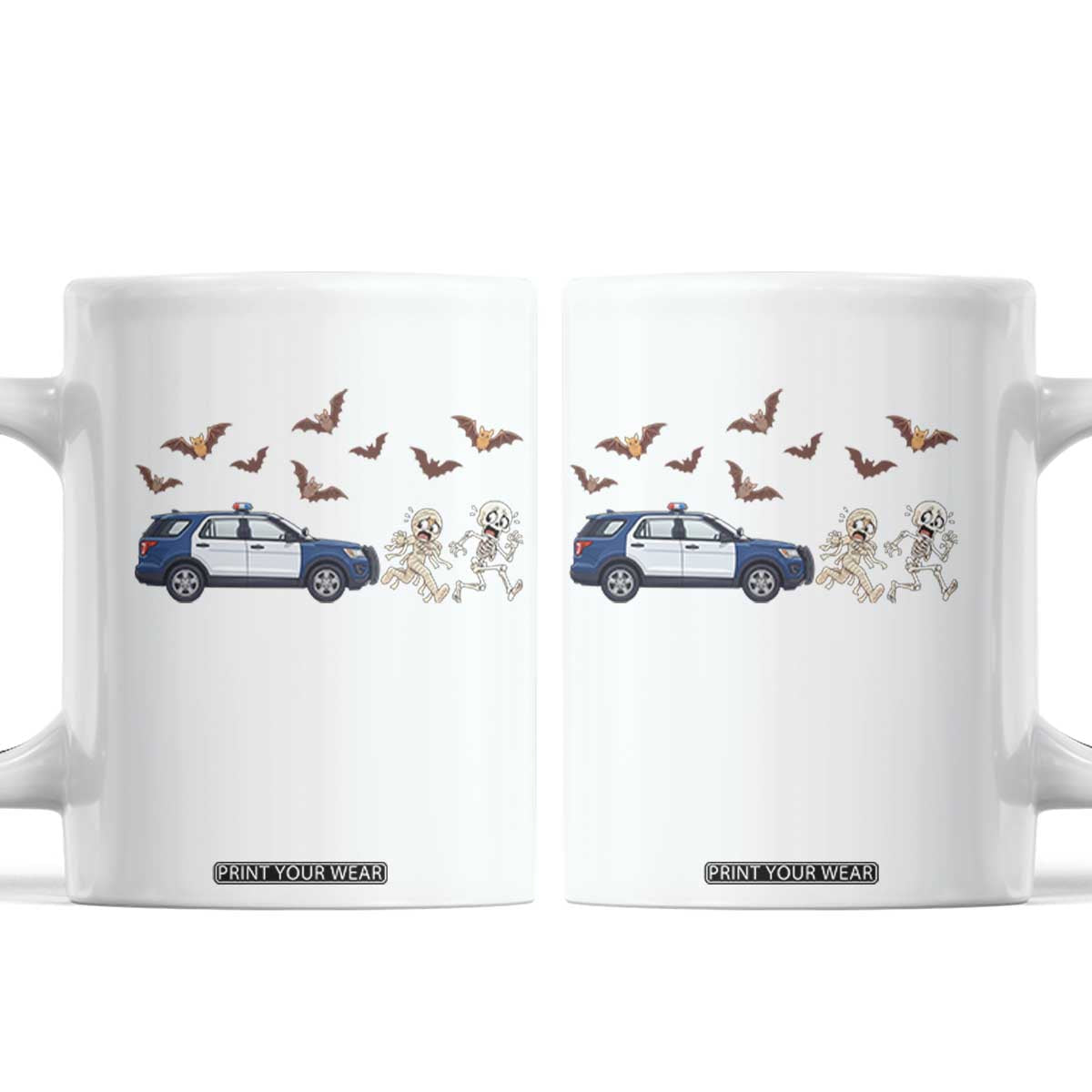 Funny Police Car Chasing Skeleton Mummy Coffee Mug Halloween Law Enforcement Gift