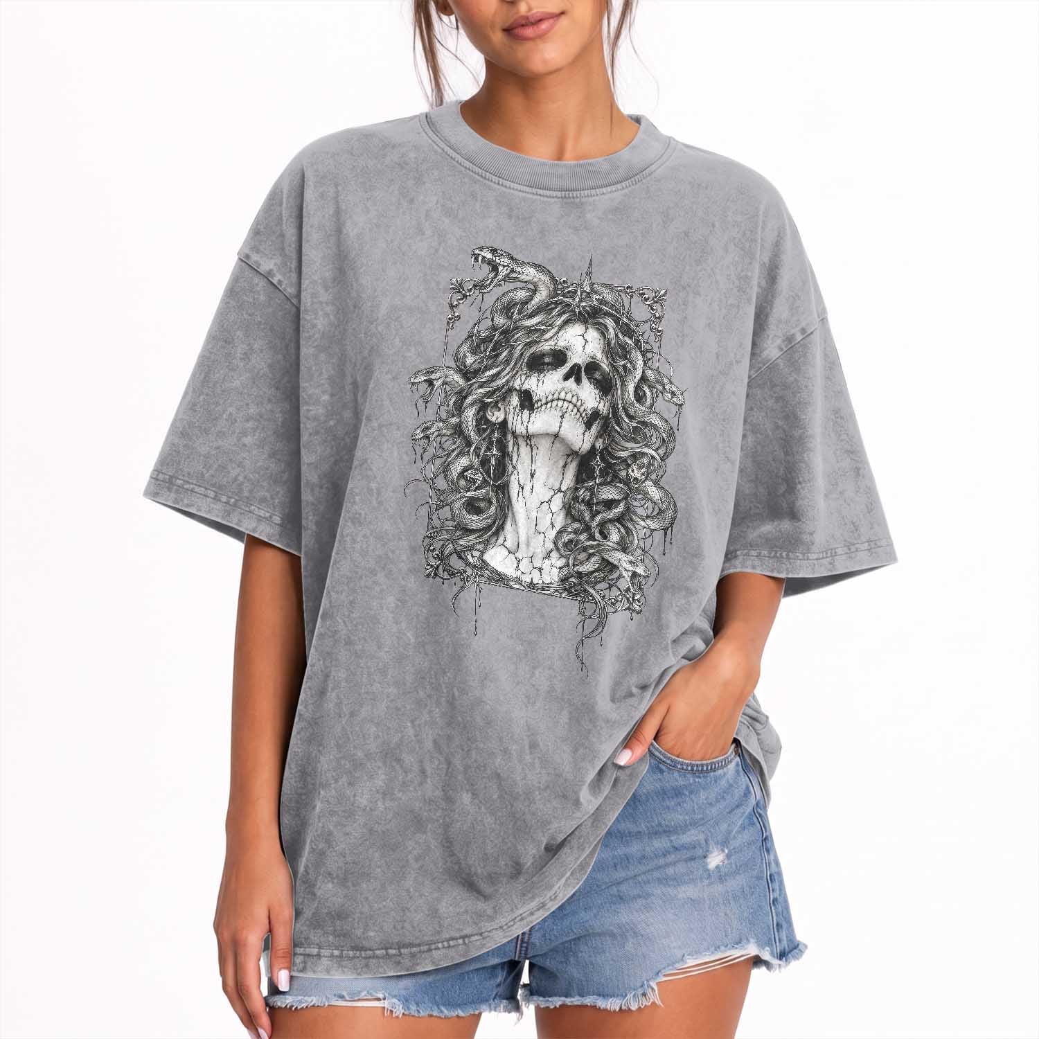 Gothic Medusa Skull Snake Greek Mythology Washed Cotton T-Shirt Dark Fantasy