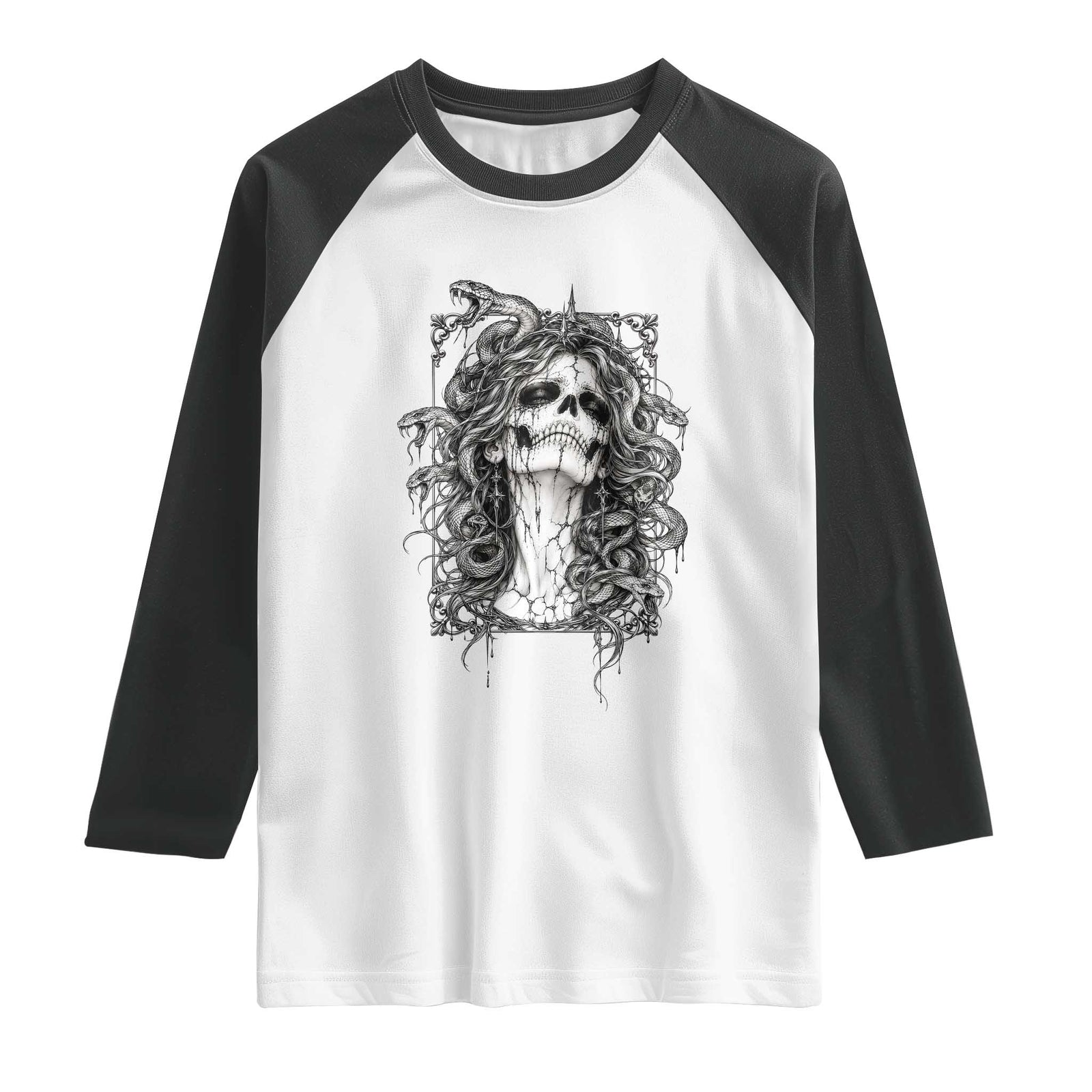 Gothic Medusa Skull Snake Greek Mythology Raglan Shirt Dark Fantasy