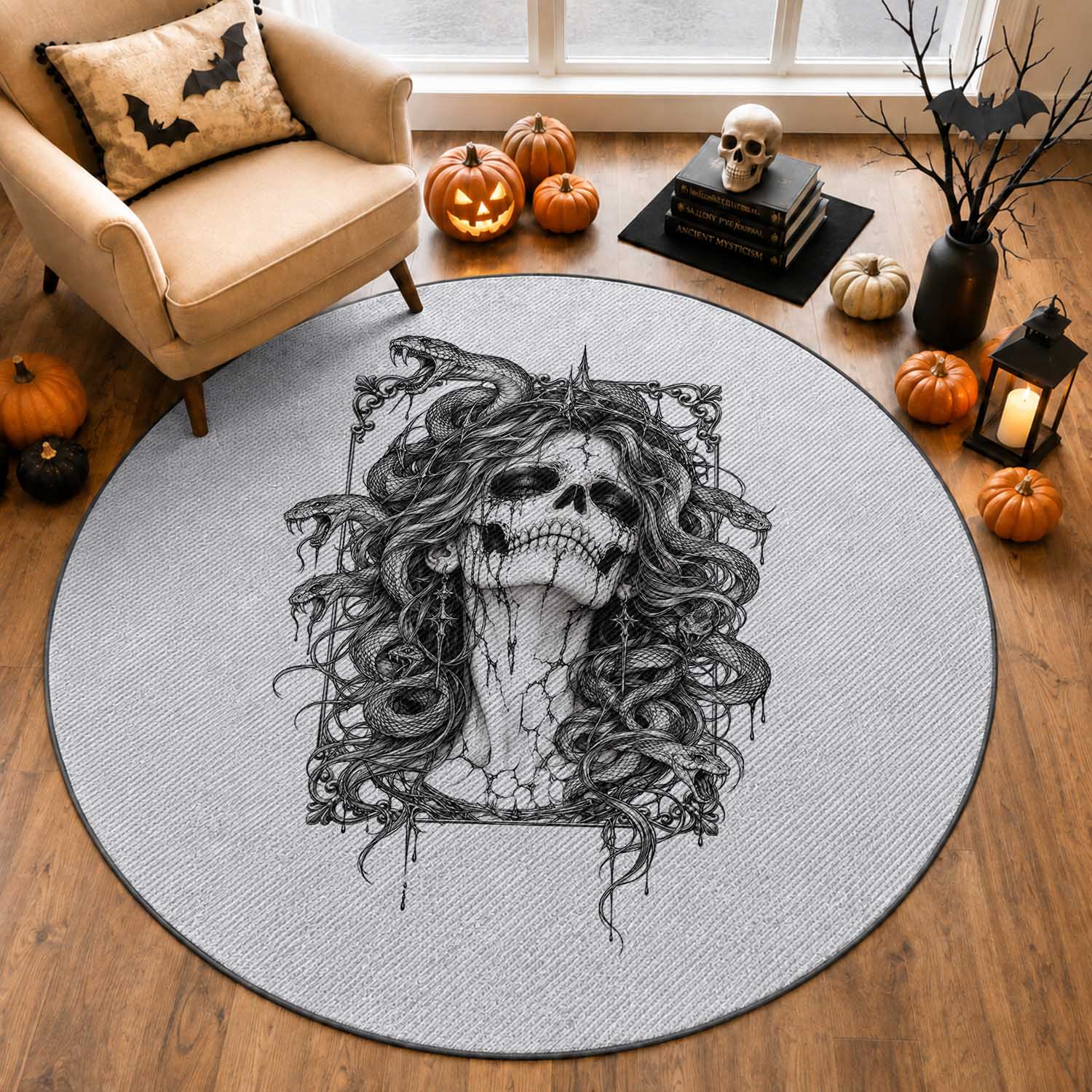 Gothic Medusa Skull Snake Greek Mythology Round Rug Dark Fantasy