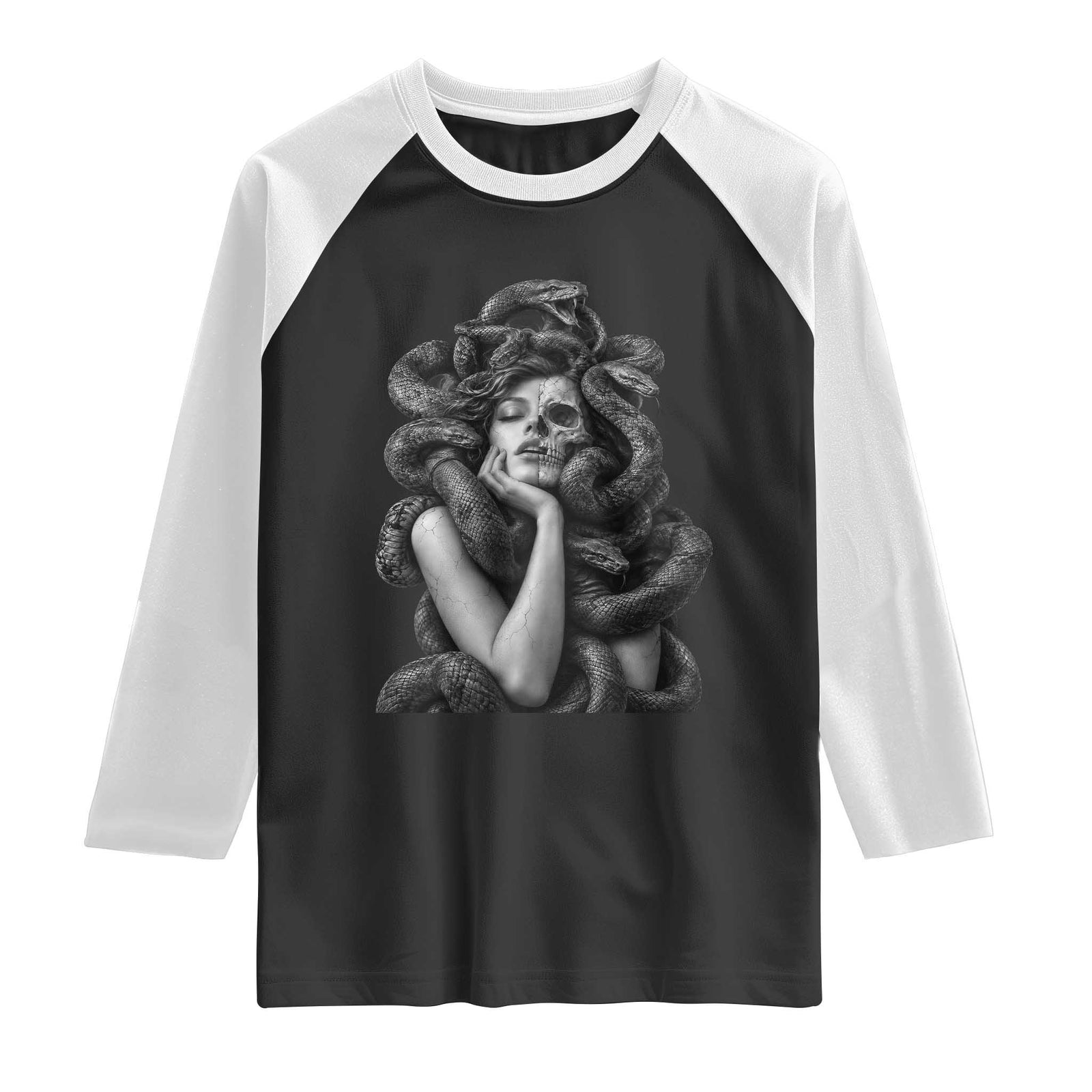 Vintage Medusa Half Skull Greek Mythology Raglan Shirt Gothic Dark Fantasy Art