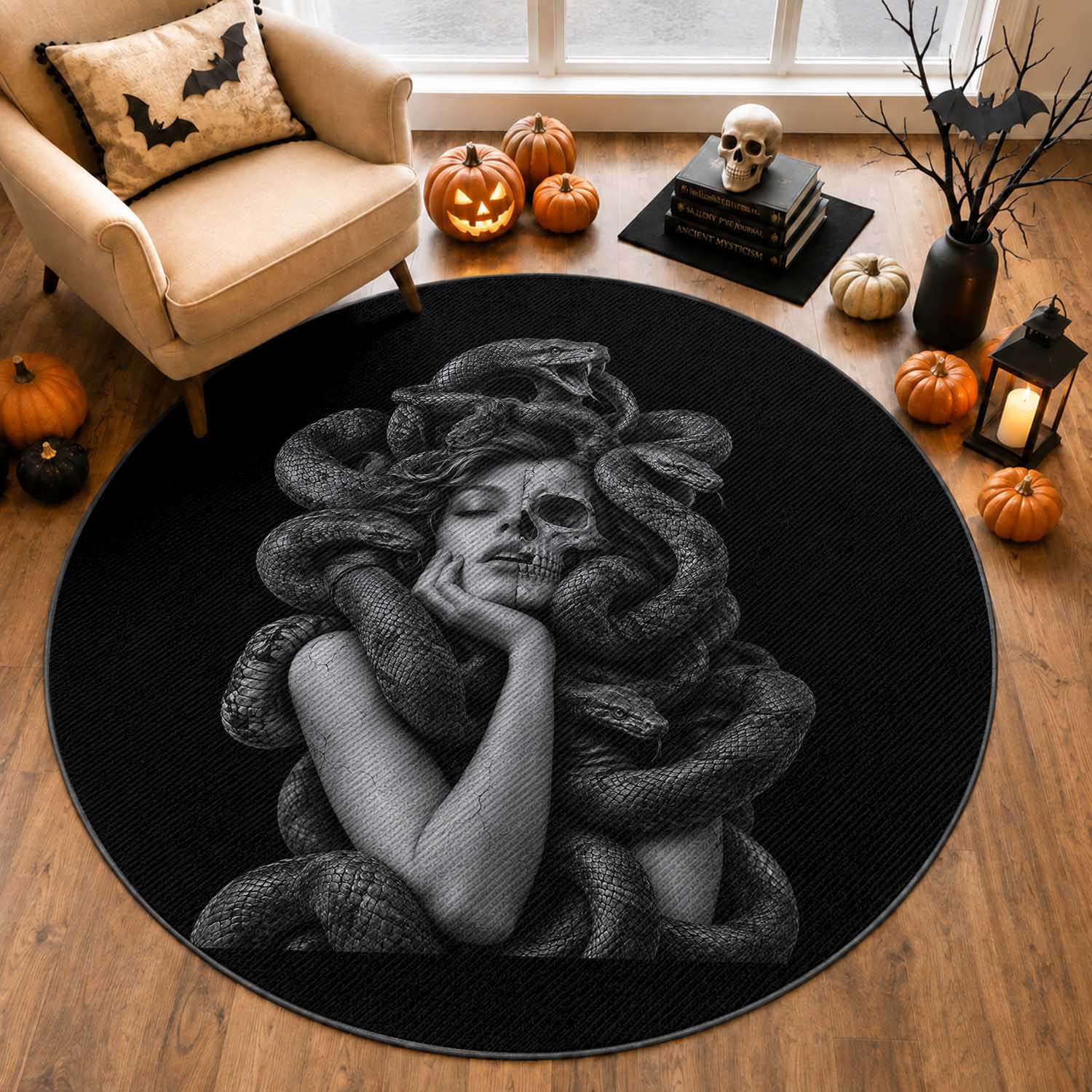 Vintage Medusa Half Skull Greek Mythology Round Rug Gothic Dark Fantasy Art