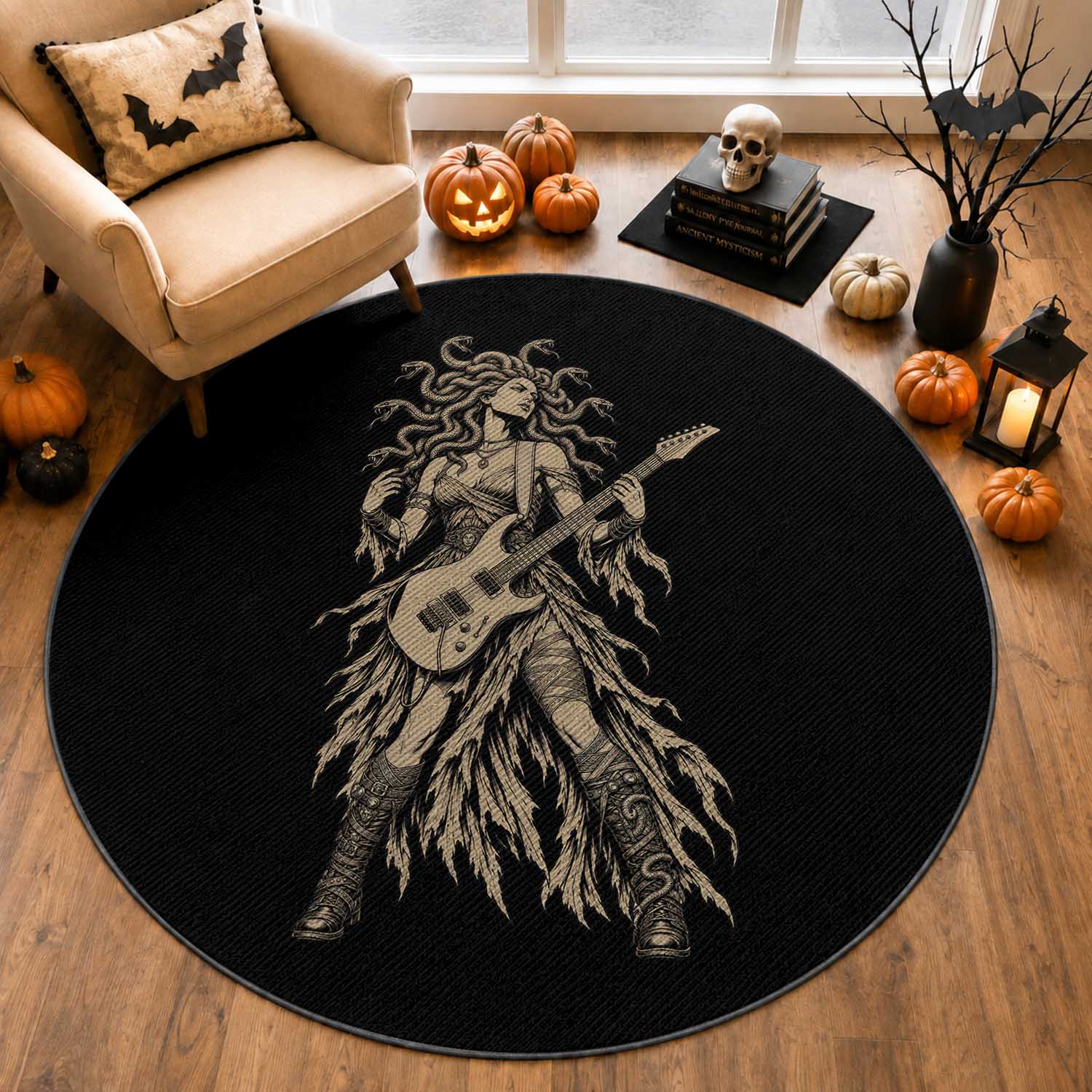 Gothic Medusa Guitarist Greek Mythology Round Rug Electric Guitar Metal Fantasy