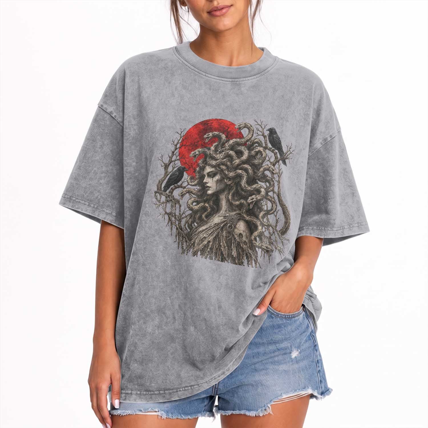 Gothic Medusa Blood Moon Greek Mythology Washed Cotton T-Shirt Dark Art Halloween