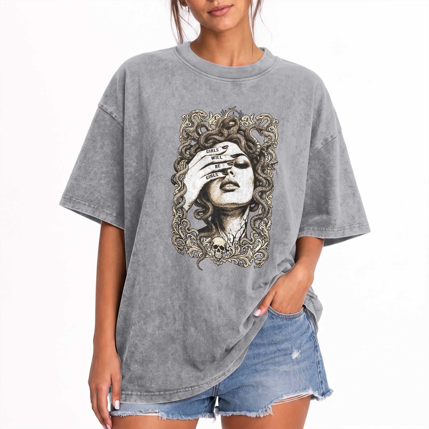 Gothic Medusa Greek Mythology Feminist Washed Cotton T-Shirt Girls Will Be Girls