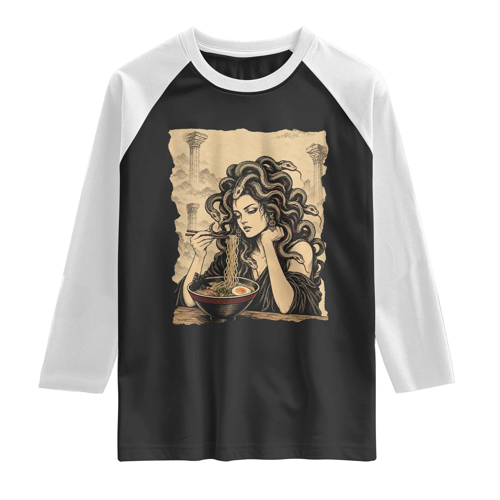 Medusa Eating Ramen Greek Mythology Raglan Shirt Gothic Japanese Food
