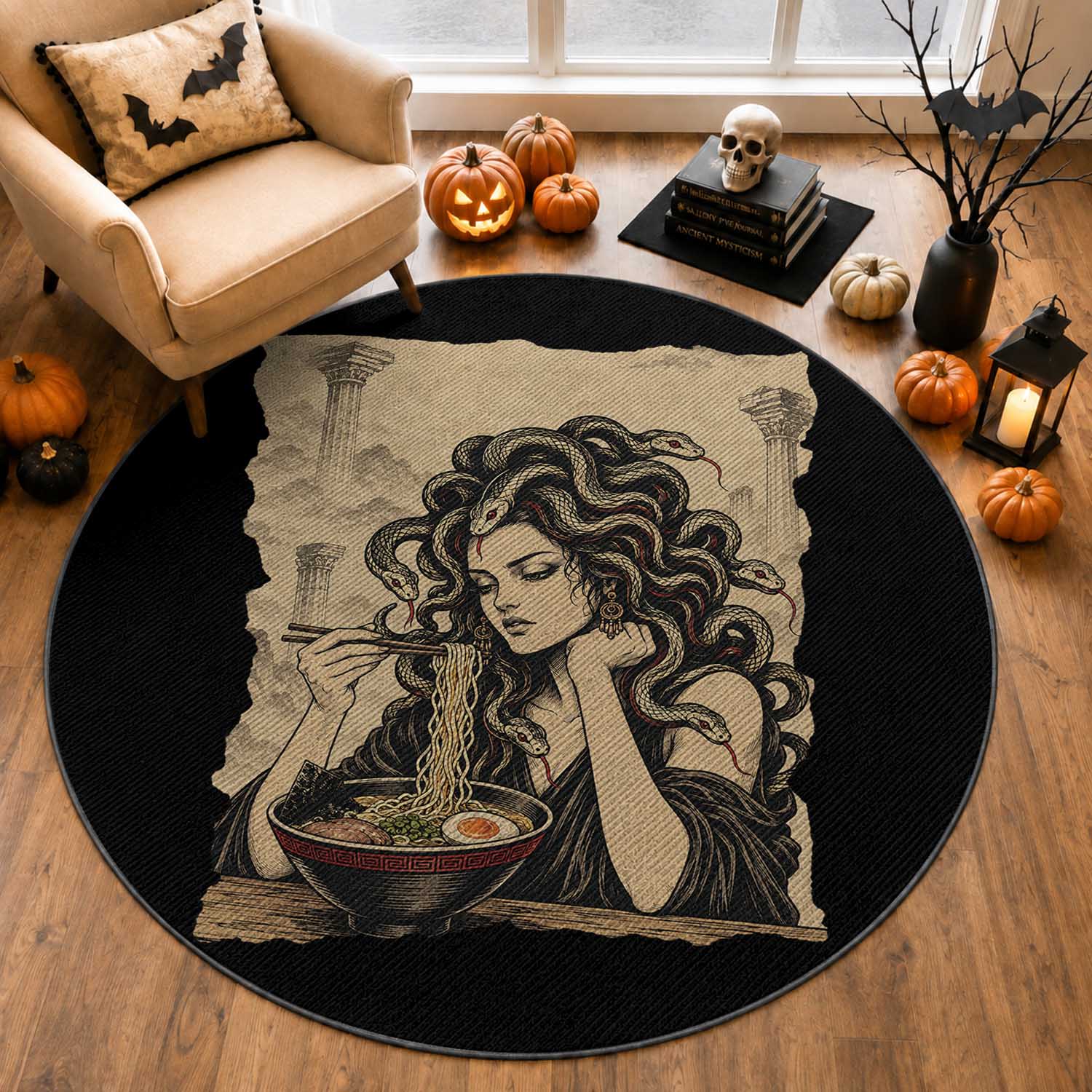 Medusa Eating Ramen Greek Mythology Round Rug Gothic Japanese Food