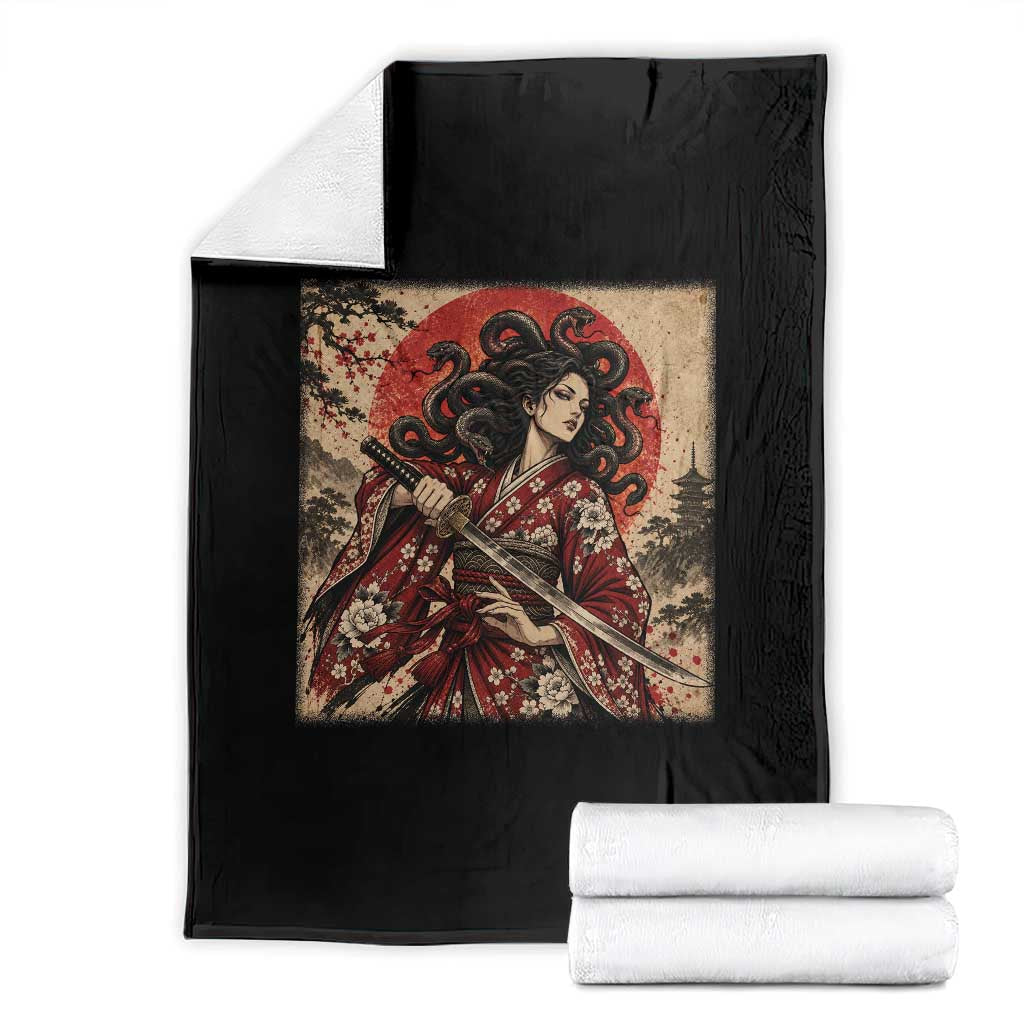 Vintage Ukiyoe Medusa Samurai Katana Throw Blanket Japanese Greek Mythology Art