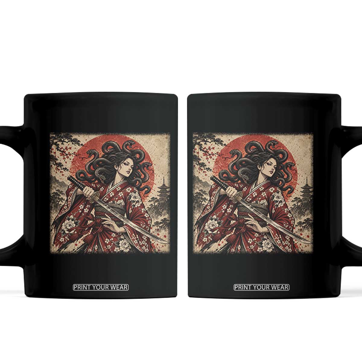 Vintage Ukiyoe Medusa Samurai Katana Coffee Mug Japanese Greek Mythology Art