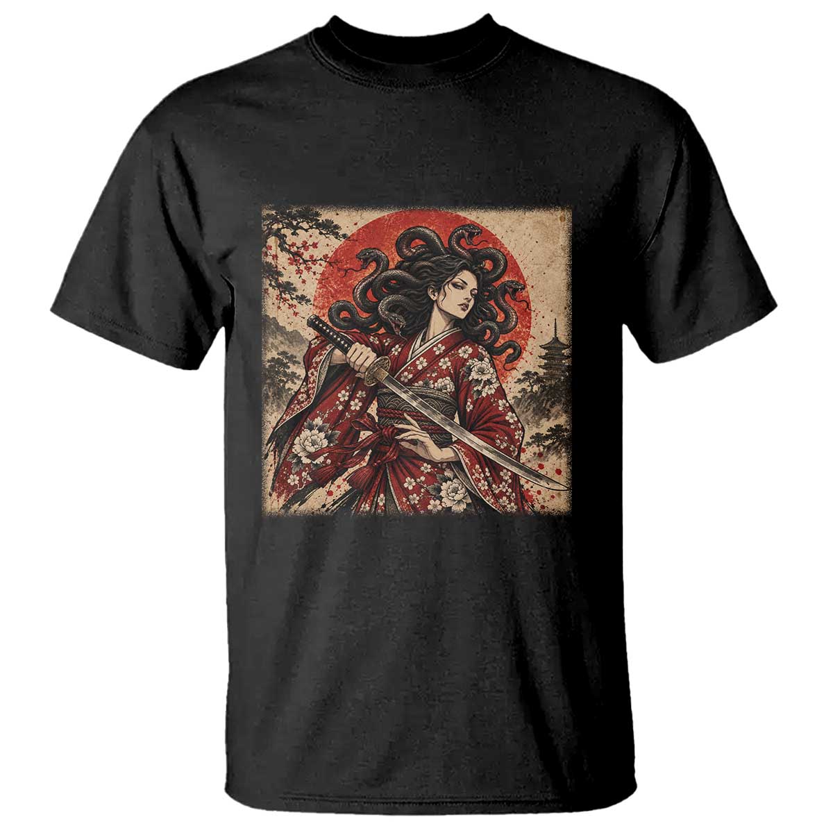 Vintage Ukiyoe Medusa Samurai Katana T Shirt Japanese Greek Mythology Art