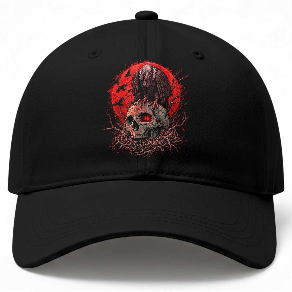 Gothic Vulture Perched On Skull Baseball Cap Blood Moon Dark Horror Gothic Graphic