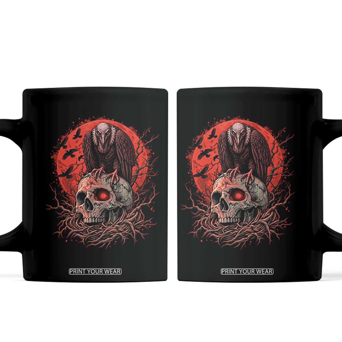 Gothic Vulture Perched On Skull Coffee Mug Blood Moon Dark Horror Gothic Graphic