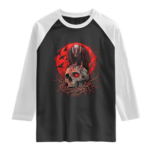 Gothic Vulture Perched On Skull Raglan Shirt Blood Moon Dark Horror Gothic Graphic