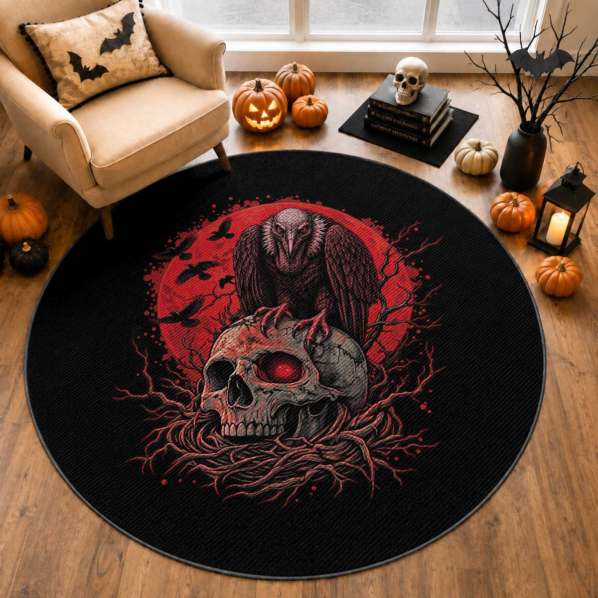 Gothic Vulture Perched On Skull Round Rug Blood Moon Dark Horror Gothic Graphic