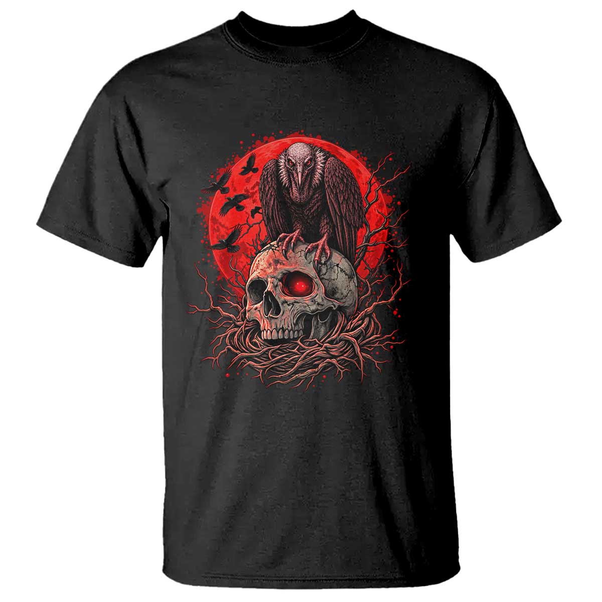 Gothic Vulture Perched On Skull T Shirt Blood Moon Dark Horror Gothic Graphic