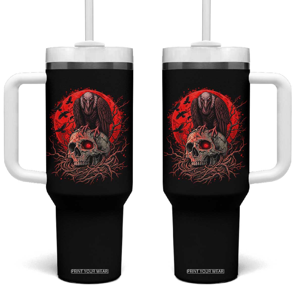 Gothic Vulture Perched On Skull Tumbler With Handle Blood Moon Dark Horror Gothic Graphic