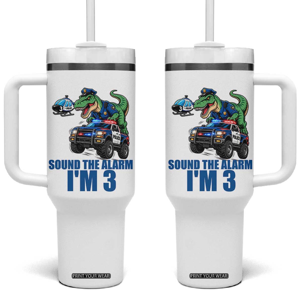 Funny Police Car Dinosaur 3rd Birthday Tumbler With Handle Sound The Alarm I Am 3