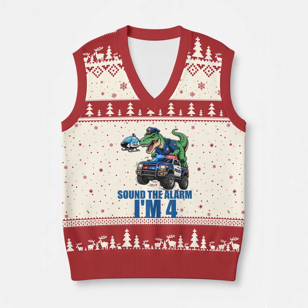 Funny Police Car Dinosaur 4th Birthday V-Neck Knit Sweater Vest Sound The Alarm I Am 4