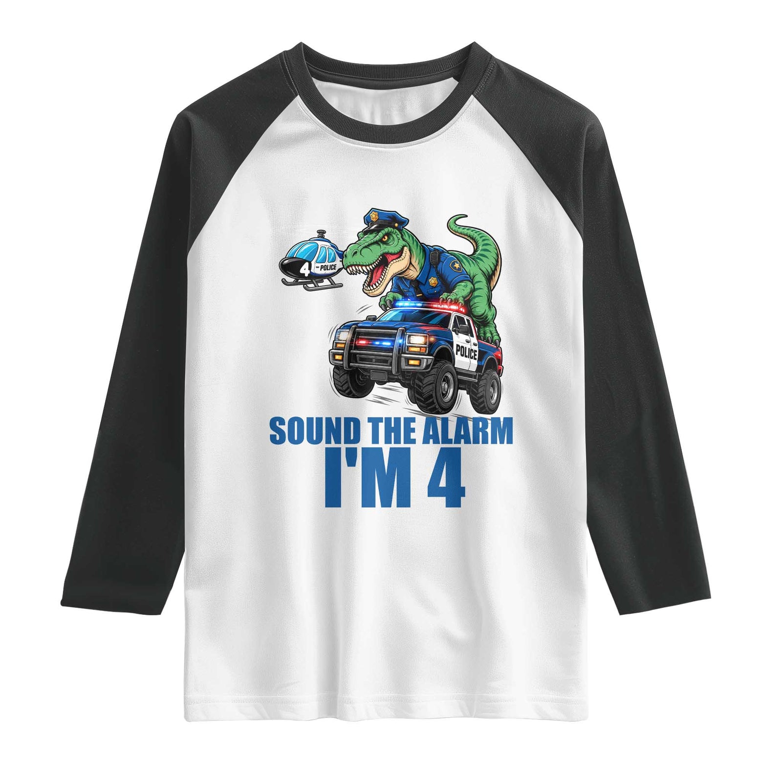 Funny Police Car Dinosaur 4th Birthday Raglan Shirt Sound The Alarm I Am 4