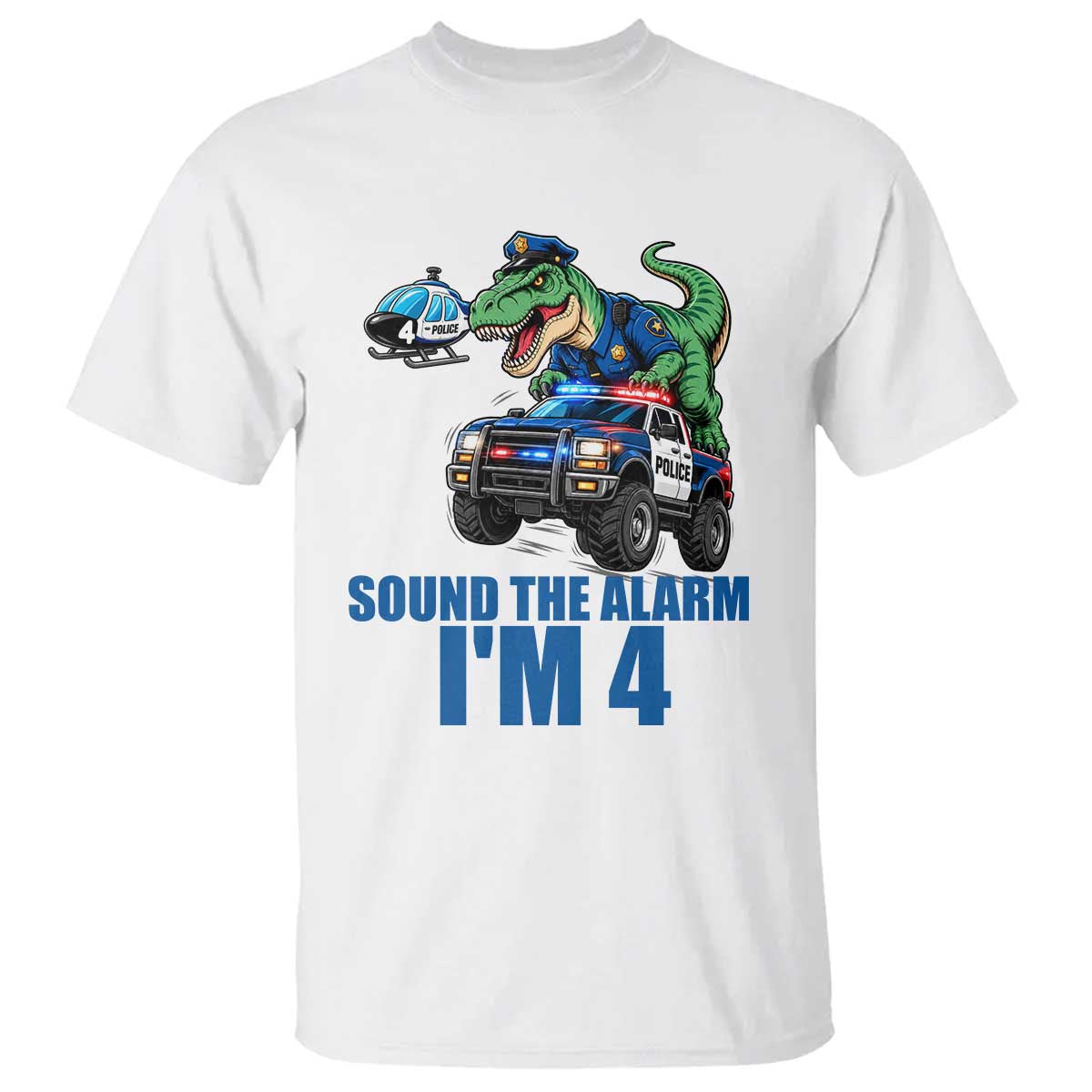Funny Police Car Dinosaur 4th Birthday T Shirt Sound The Alarm I Am 4