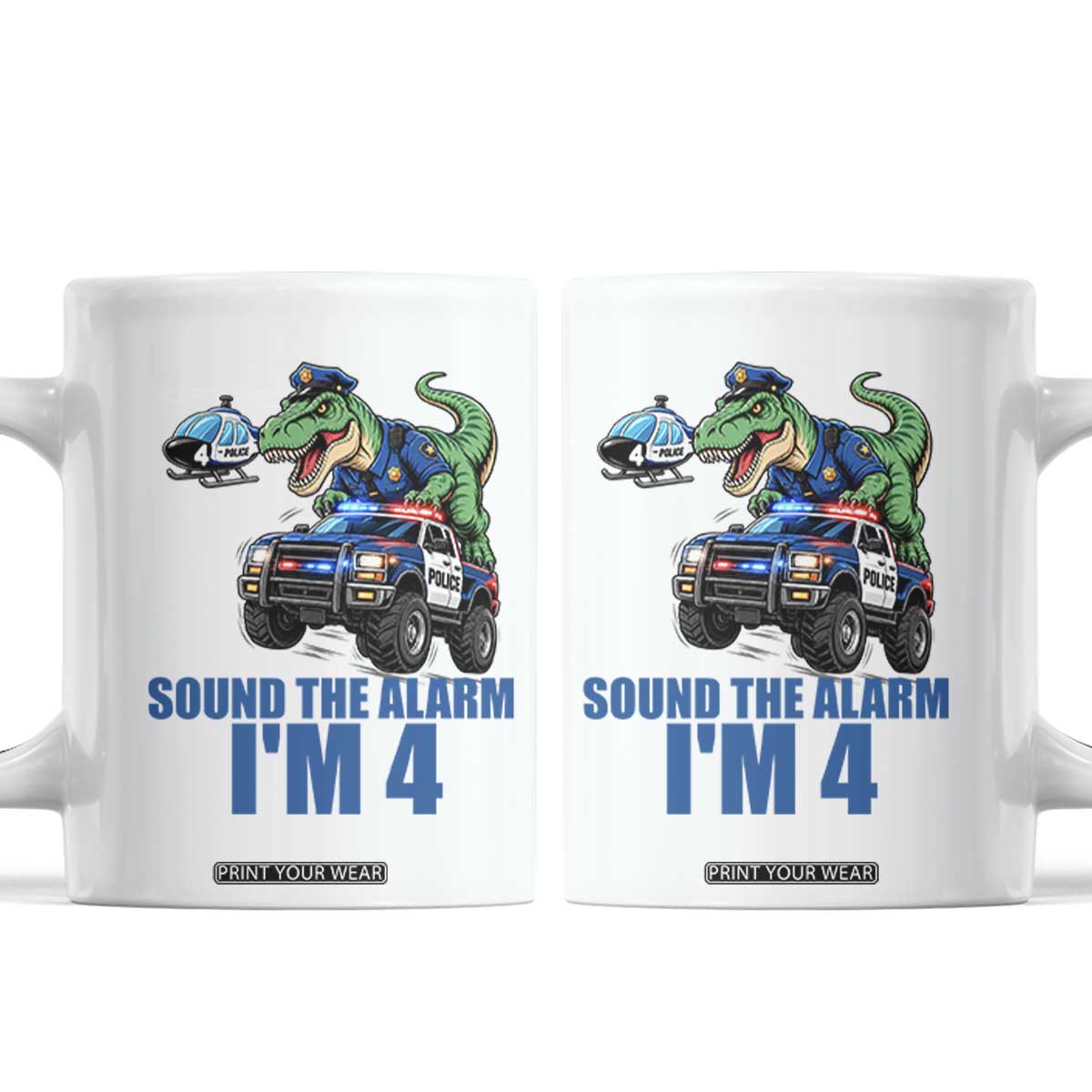 Funny Police Car Dinosaur 4th Birthday Coffee Mug Sound The Alarm I Am 4