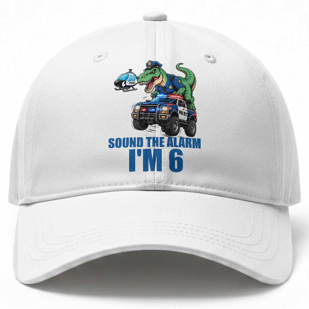 Funny Police Car Dinosaur 6th Birthday Baseball Cap Sound The Alarm I Am 6