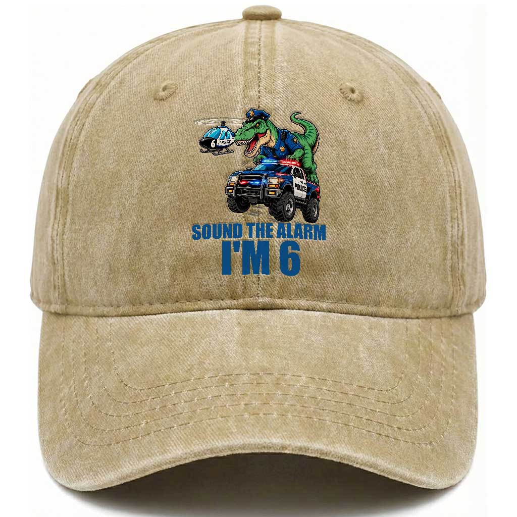 Funny Police Car Dinosaur 6th Birthday Washed Cotton Baseball Cap Sound The Alarm I Am 6